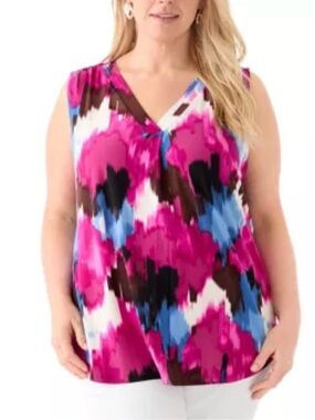 Jones New York Pink Blue Abstract V-Neck Blouse